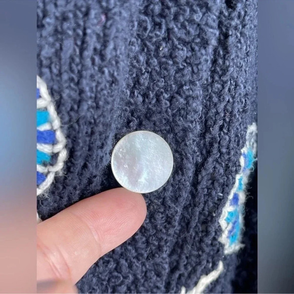 Laura Ashley Navy Blue Cardigan Sweater White Blue Embroidered Flowers Pockets L - Picture 4 of 8